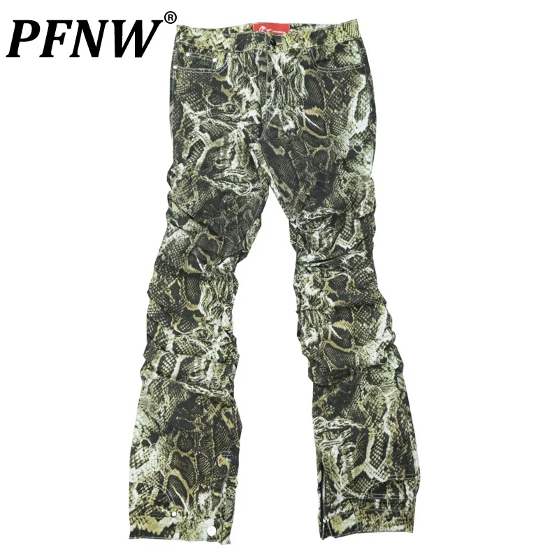 PFNW Spring Autumn New Men's Pleated Trousers Print Pattern Zippers Fashion Vintage Casual Straight Slim Cargo Pants 28A0932