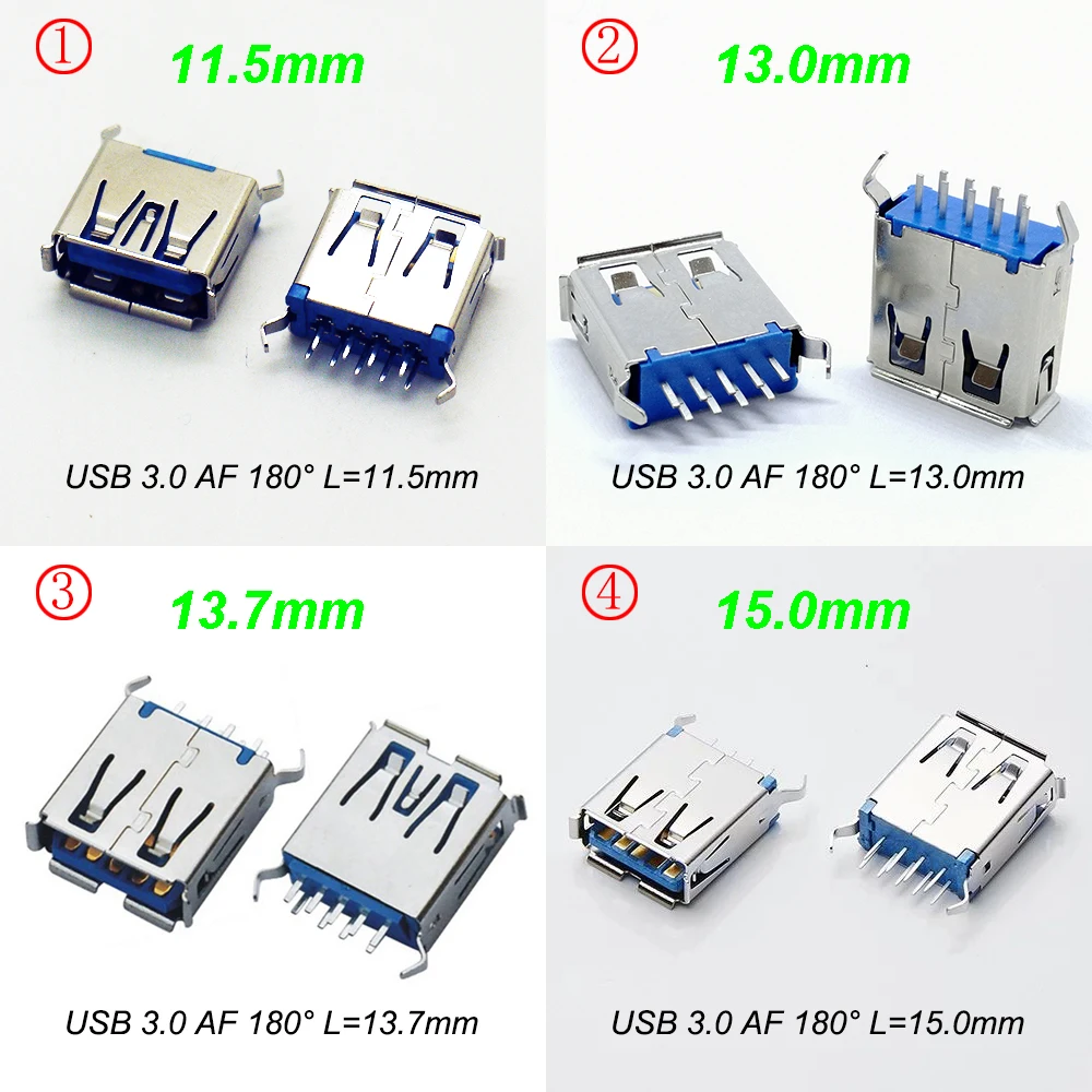 10PCS USB 3.0 Connector Female Socket 180 degree Bent Feet AF type for computer,laptop,notebook L=11.5mm,13mm,13.7mm,15mm