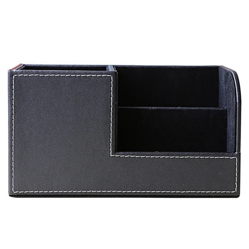 

PU Leather Desk Stationery Box Organizer, Office Desktop Organizer With 3 Divided Storage Compartments For Storing Pen/ Remote C