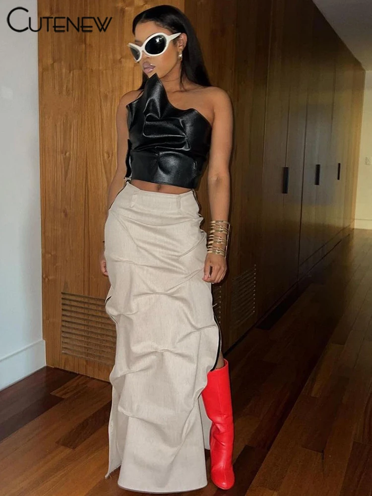 

Cutenew женский плиссированный сексуальный комплект из двух предметов из искусственной кожи лоскутный Топ без рукавов с открытыми плечами + длинная юбка макси женский костюм Новинка