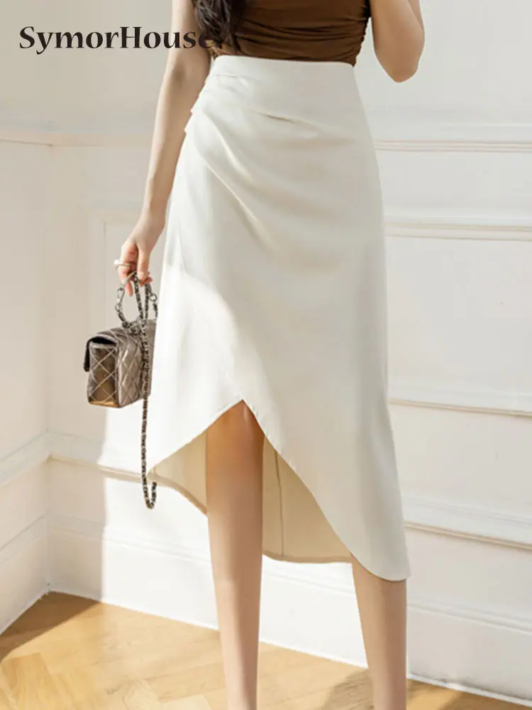 

Elegant A-line Midi Skirt Women 2022 Summer Work Wear OL Office Ladies High Waist Zipper Asymmetric Skirts Fashion Black Faldas