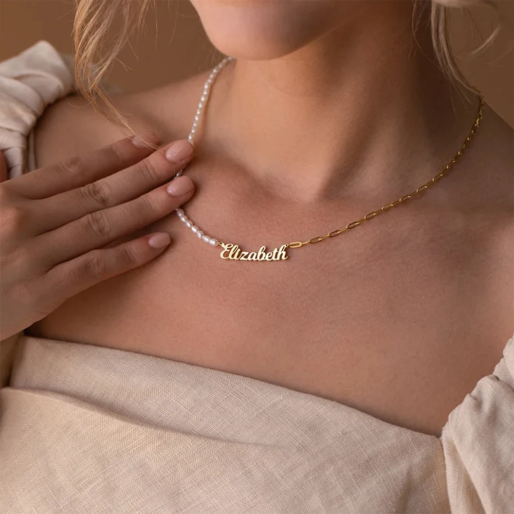Custom Name Necklace for Women Personalized Letter Pendant Collar Oval Pearl Chain Choker Stainless Steel  Jewelry Gifts for Mom
