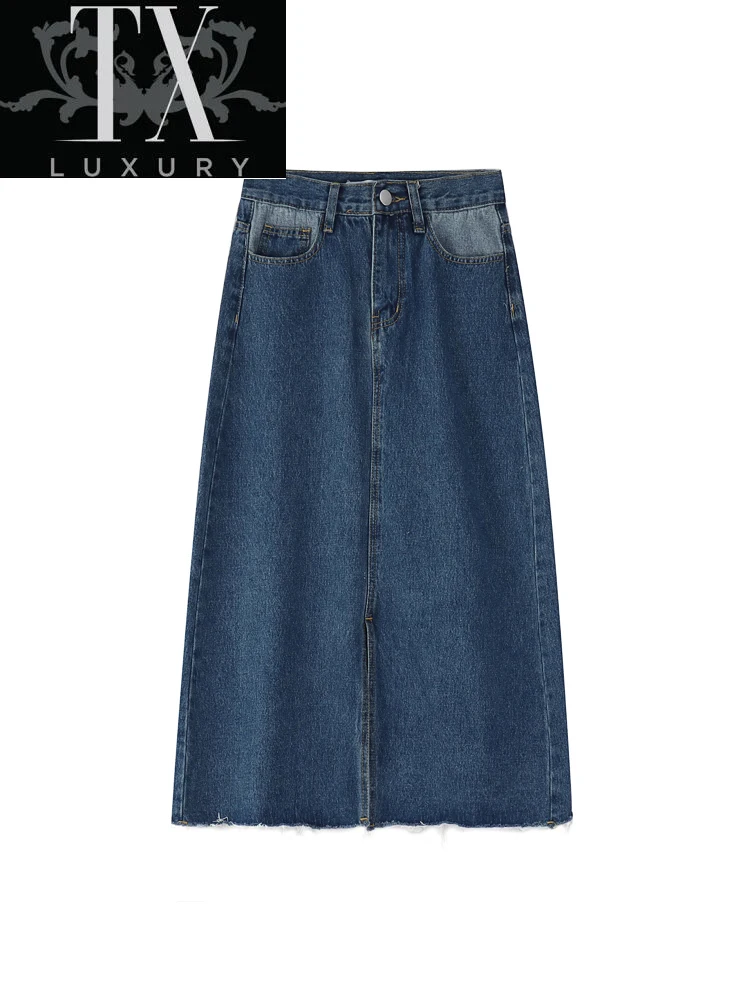 

Denim s Female Spring and Autumn South Korea Retro High Waist Preppy Style Fashion Woman Long ight Skirt