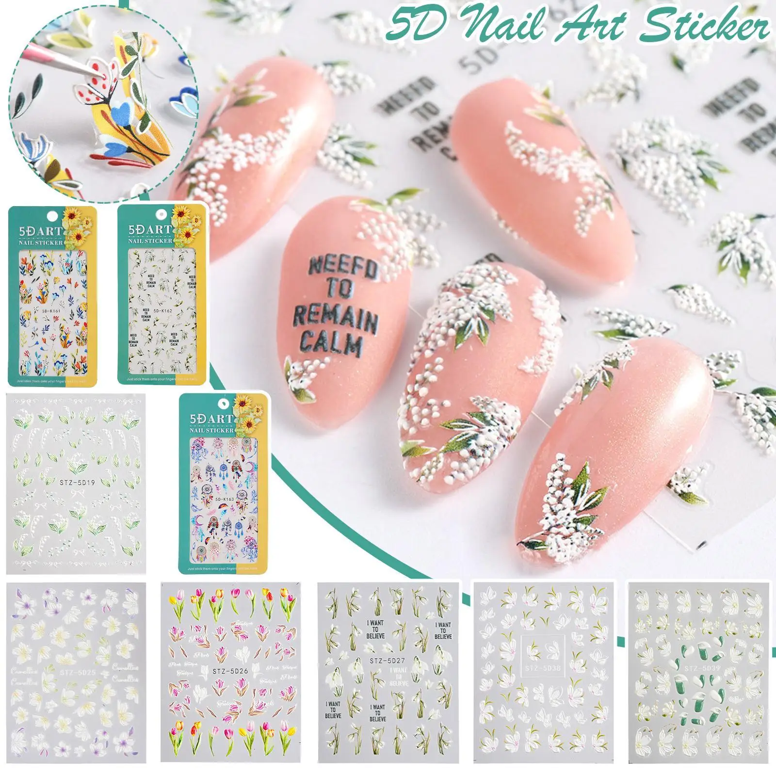 

5D Nail Art Stickers White Embossed Lily Of The Valley Tulip Dreamcatcher Gel Polish Wedding Flower Engraved Nail Design Decor