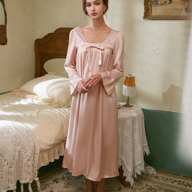 Spring Nightgowns Women Satin Nightwear Sleepdress Elegant Retro Vintage Kimono Sleepwear Lingerie Long Home Dress Dressing Gown