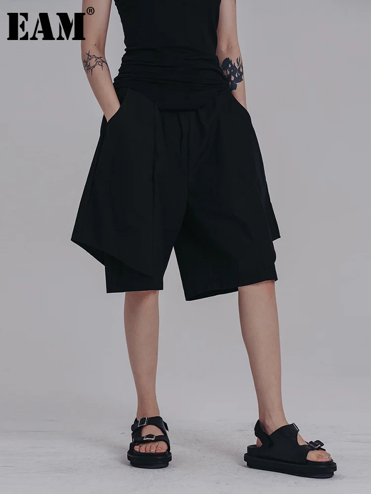 

[EAM] Черные Асимметричные Брюки до колена с высокой эластичной резинкой на талии, новые брюки свободного покроя, женские модные брюки, весна-...