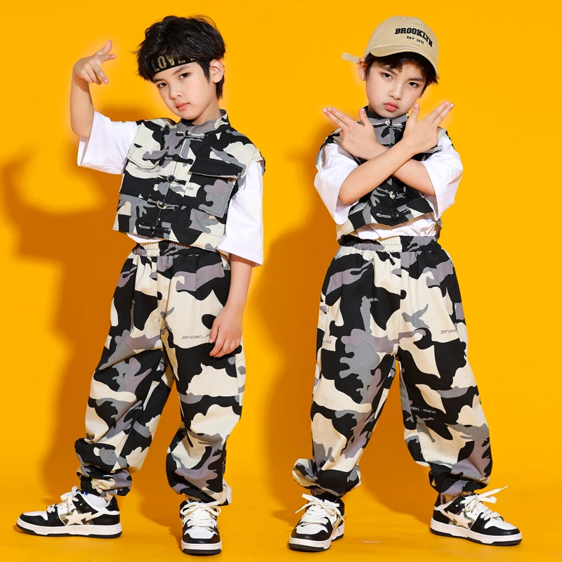 

New Boys Hip Hop Costume Camouflage Vest Pants Kids Catwalk Concert Wear Jazz Performance Outfit Teen Girls Stage Clothes BL8910