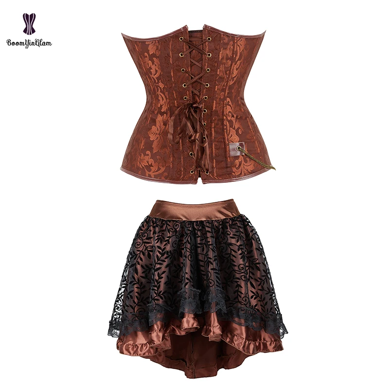 Brown Coffee Leather Belt Buckle Up Korset Women's Halloween Outwear Costume Steam Punk Corsets Dresses With T String Plus Size