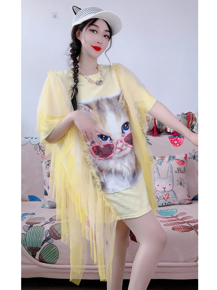

Fashion Mesh Stitching Cartoon Printed Pullovers 2023 Summer Color Matching Ruffled Puff Short Sleeve Mid-Length T-shirt Women