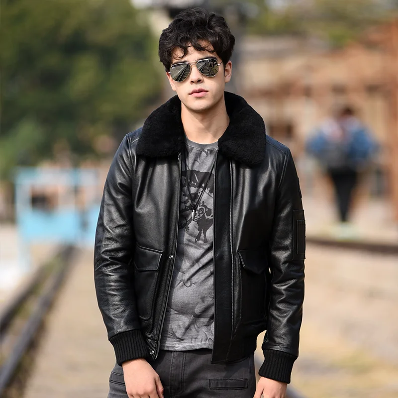 

Free shipping.Autumn mens Plus size genuine leather coat.black cowhide outwear.quality short leather clothes.bomber G1
