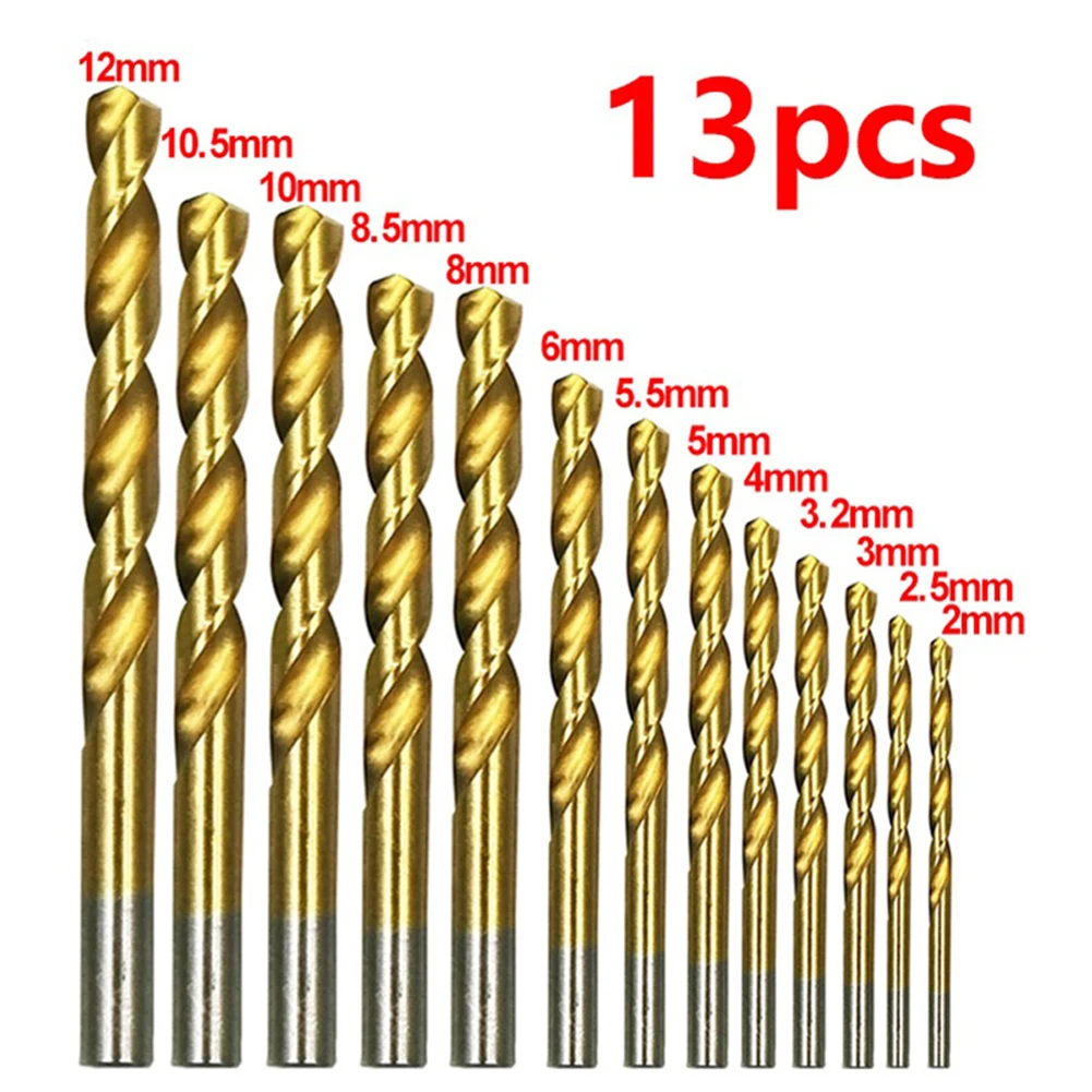 

13pcs Titanium Coated HSS High Speed Steel Drill Bit Set 2mm-12mm Multi Function Metal Drills For Hand Drills Electric Tools