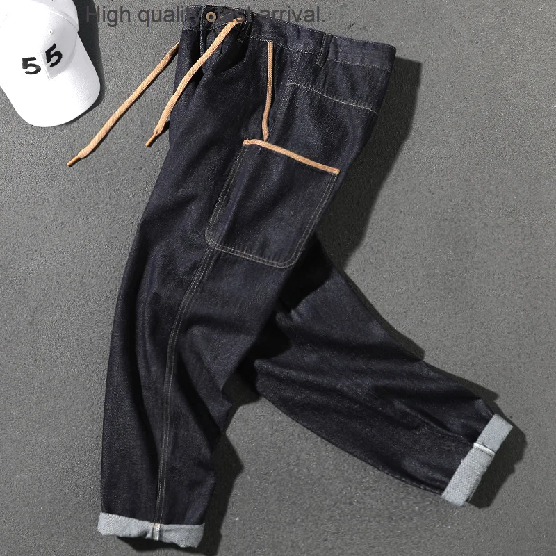 Brand Jeans Fashion Men 'S Handsome Korean Style Loose Multi-Pocket Straight Pants Lace-Up Contrast-Color Side Loose Trousers