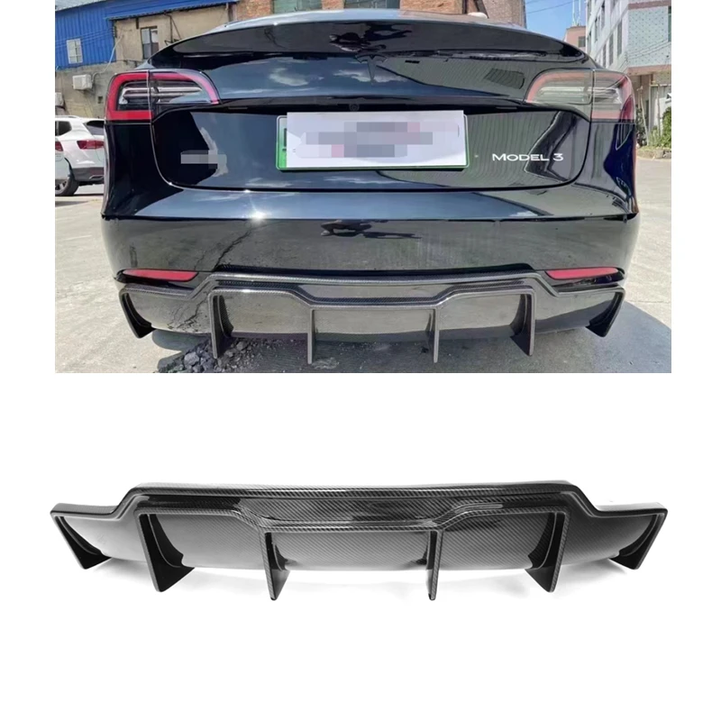 

Dry Carbon Fiber V style Rear Trim Exterior Bumper Diffuser Protect Cover For Model 3 Glossy Black Bumper Diffuser