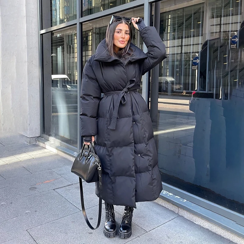 Malina Thick Loose Parkas Women Fashion Solid Covered Button Coats Women Elegant Tie Belt Long Cotton Jackets Female Ladies