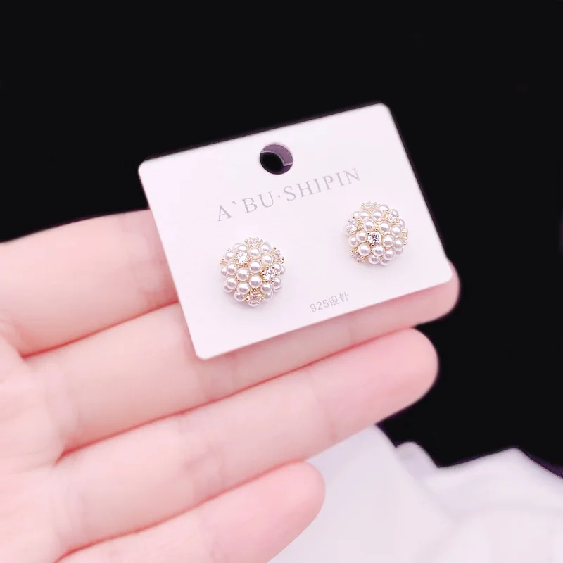 

South Korea Round Pearl Zircon Stud Earrings Small Fresh Sweet Cute Flower Crystal Temperament Geometric Earrings Party