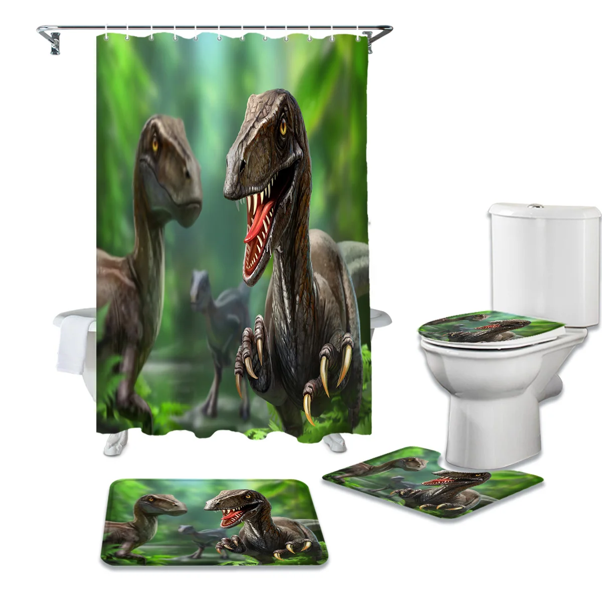 

Занавеска для ванной комнаты с изображением животного динозавра леса, коврик для ванной комнаты, набор ковров для душа, крышка для унитаза, ...