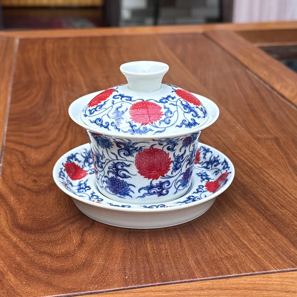 Цзиндэчжэнь ручной работы Ercai Tureen сине-белая глазурь красный чай чаша для
