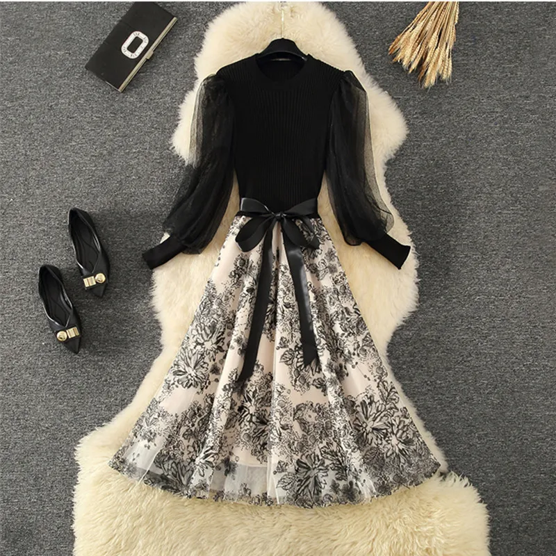 

Black Lace Gauze Long Sleeve Knitted Slim Long Midi DressNew Party Dress Autumn Winter Elegant