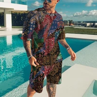 new 2022 big size men set summer casual tracksuit color lattice matching shorts suit graffiti 3d print fashion retro clothing