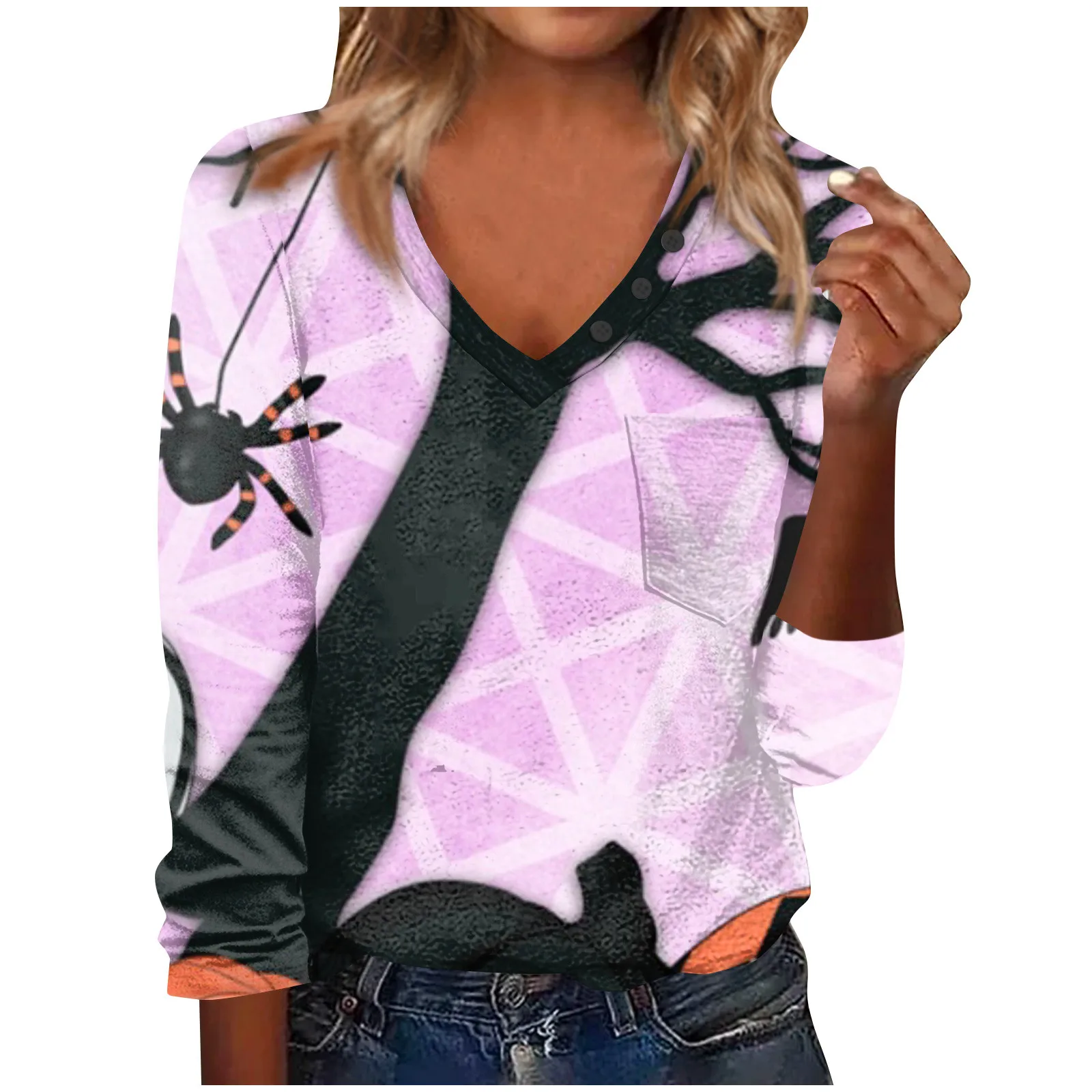 

Tops Women Casual Halloween Branches Spider Printed V Neck With Pockets Skin-Friendly Festival Ladies Suit Set Women Camisetas