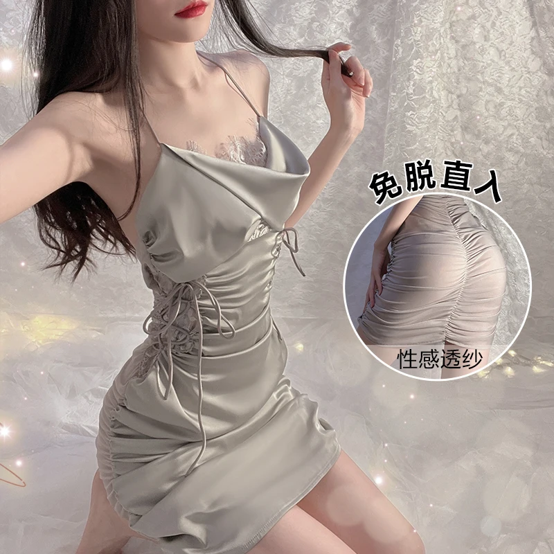 

Sexy Lingerie Passion Strap Pajamas Women's Waist-Tied Passion Suit Transparent Tempting Hot Free off Small Chest Nightdress