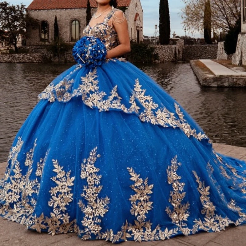 Королевское синее блестящее бальное платье Quinceanera Платья с открытыми плечами и