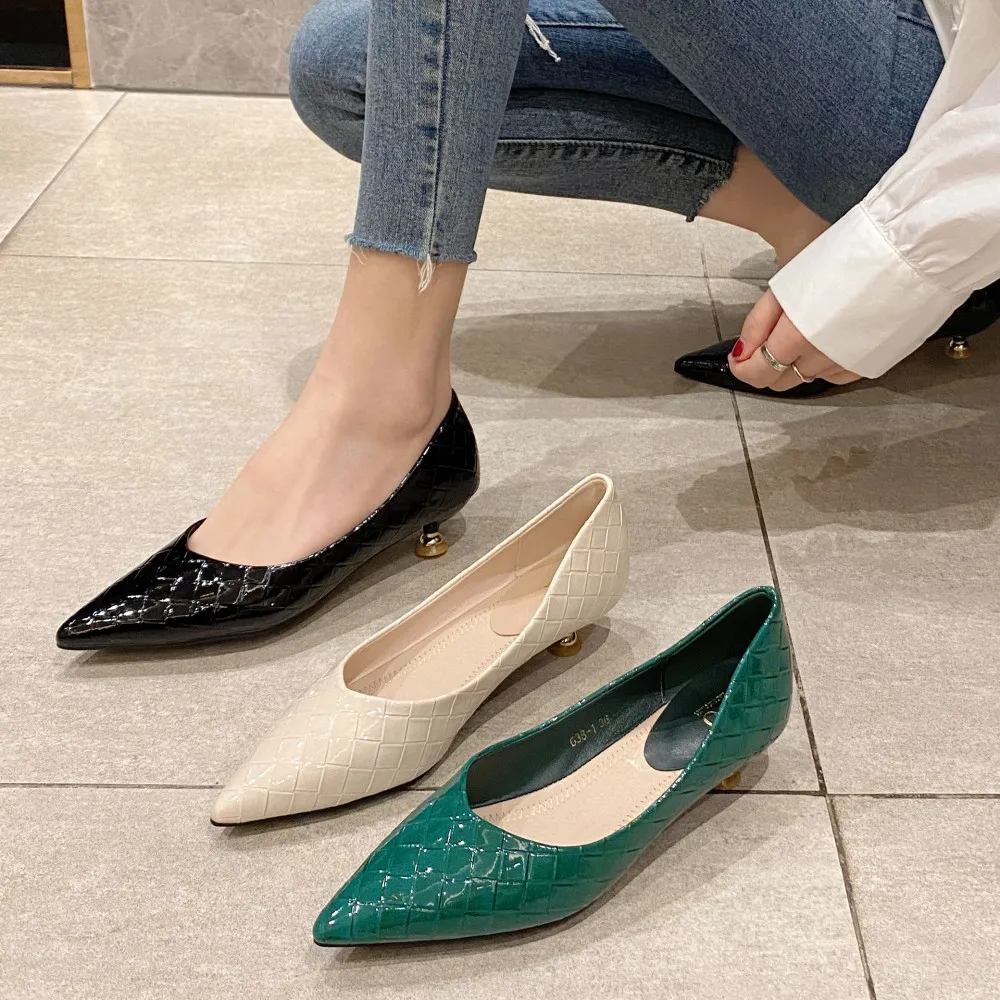 2022 New Weave Fashion Style Women Pumps Spring Summer Pointed Toe Thin Heels Office Ladies Casual Work Party Single Shoes Green