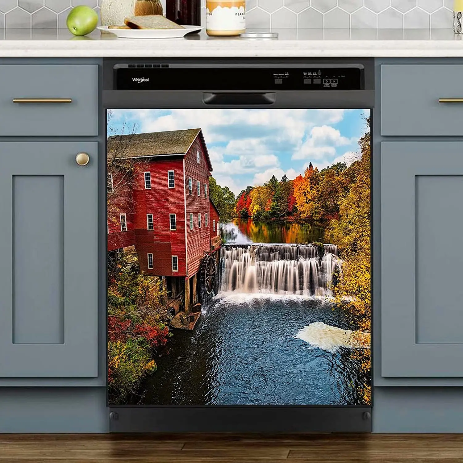 

Autumn Scenic Dishwasher Cover, Home Kitchen Decoration,Rustic Idyllic Style,River Sticker Decorative Refrigerator,Fall T
