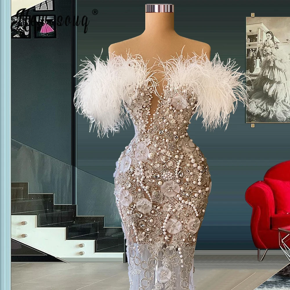 

Luxury V Neck Mermaid Evening Dress Feathers Diamond Short Sleeve Prom Event Gowns Women Celebrity Vestido Birthday Shinny Dress