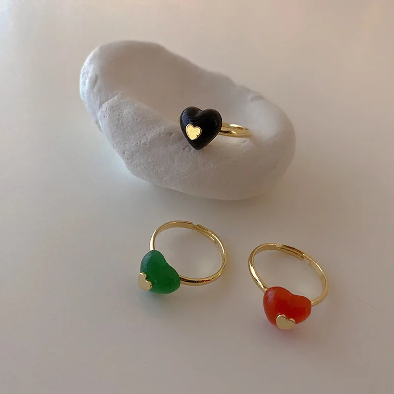 

Minar Cute Romantic Colorful Resin Love Heart Charm Rings for Women Mujer Gold Color Metal Open Adjusting Ring Daily Accessories