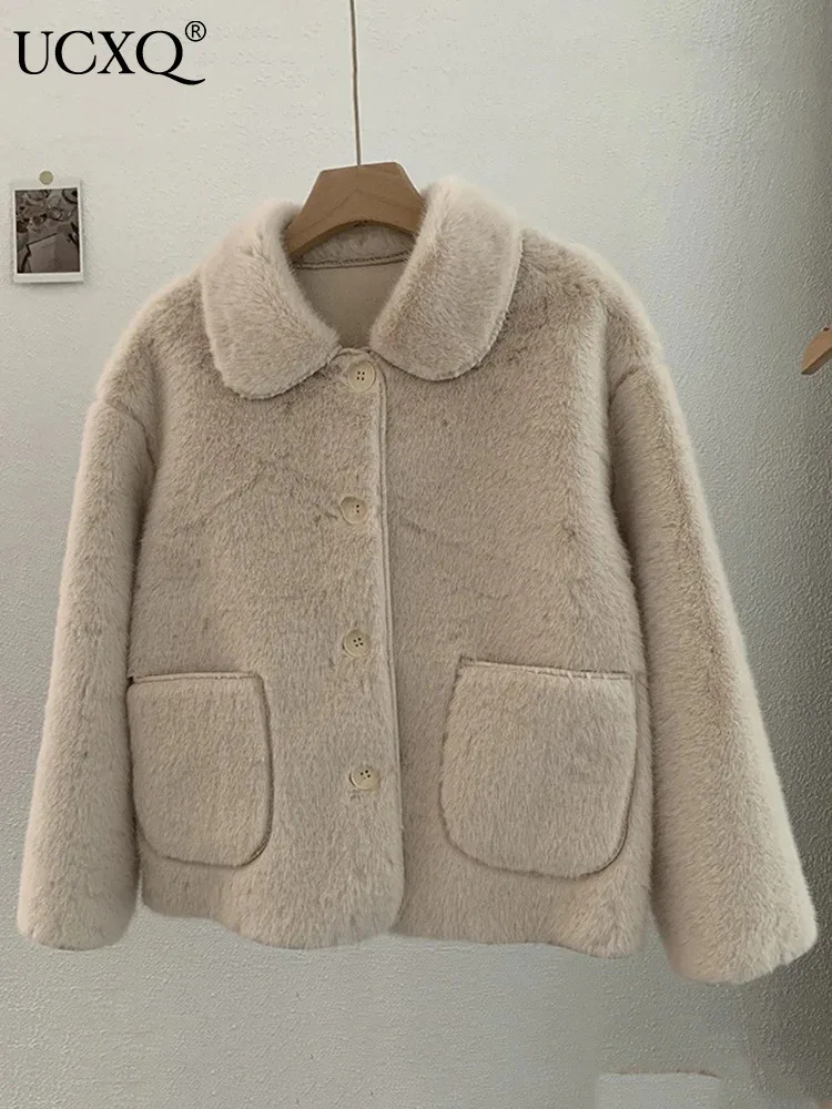 

UCXQ Women Double Pocket Lambswool Coat Fashion Thick Outwears Long Sleeve Lapel Jacket 2023 Autumn Winter New Clothes 23A5320