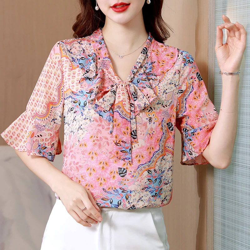 

Summer Women's Blouse Shirt Korean Fashion Chiffon Print Casual Splicing Loose V-neck Short Sleeve Lady Bow Shirts Tops Blusas