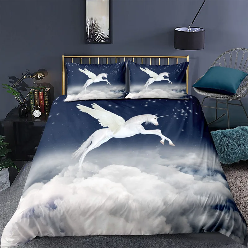 

Bedding Set For Teens Kids Microfiber Western Cowboy Comforter Cover With Pillowcases White Dragon Horse Duvet Cover 3D Unicorn