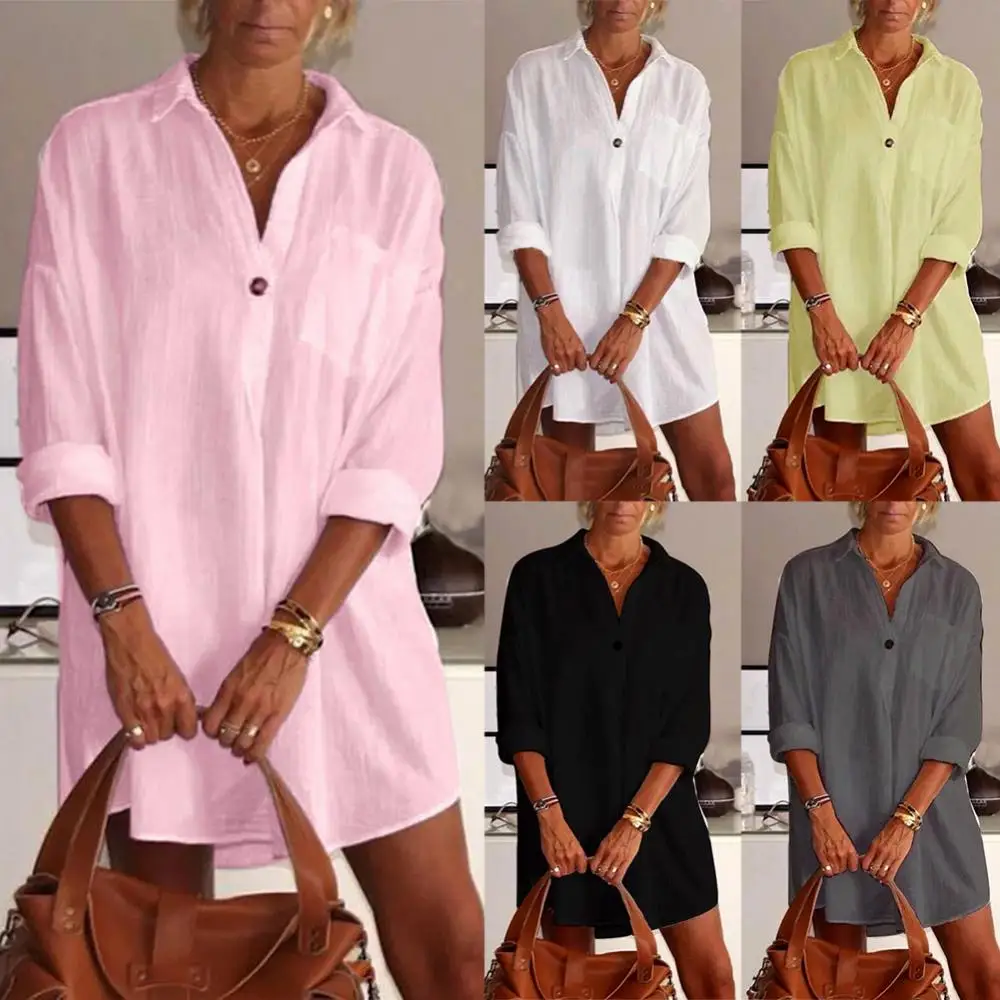 

Женское однотонное платье-рубашка с V-образным вырезом и длинным рукавом