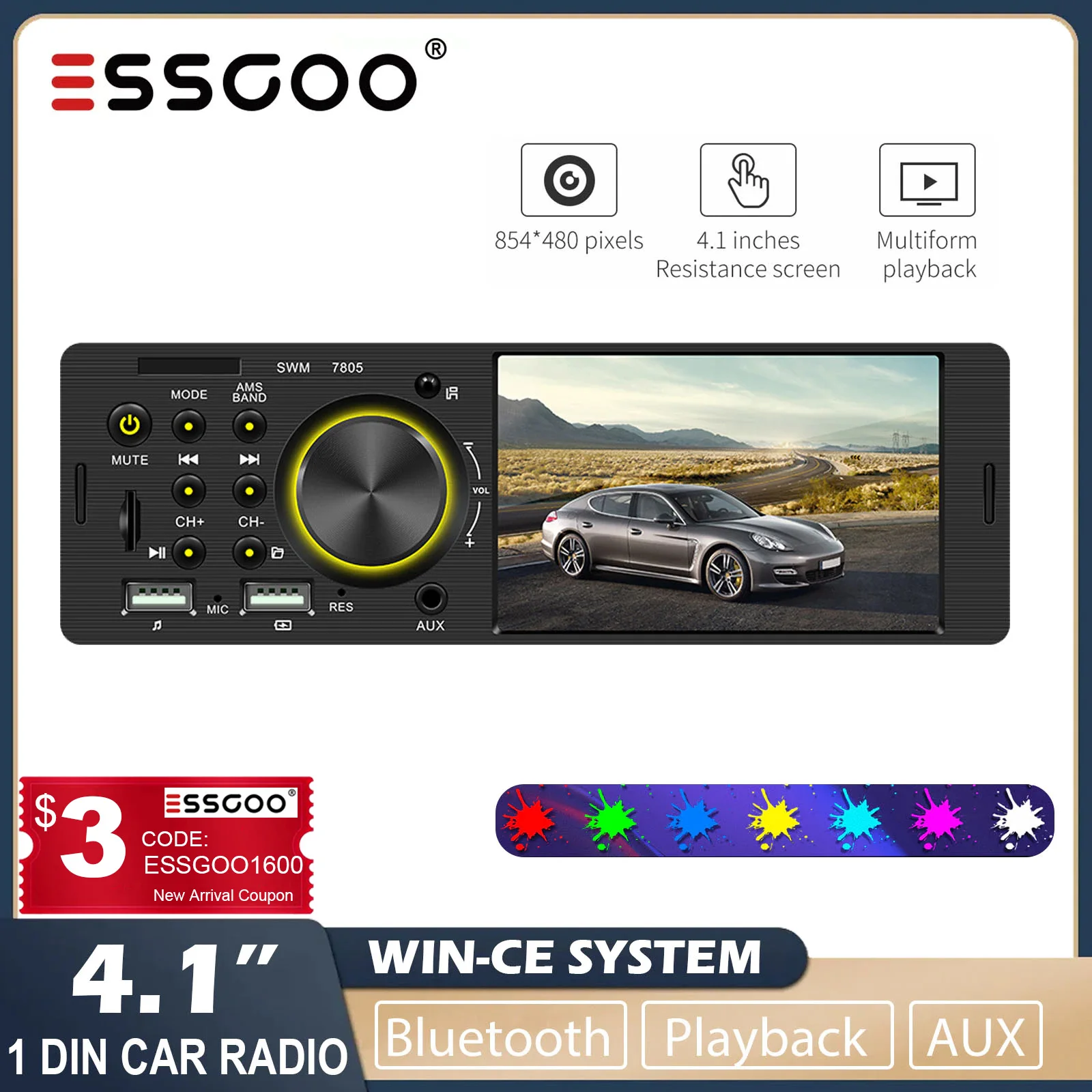 

ESSGOO 4.1 Inch Car Radio 1 Din HD MP5 Player Nondestructive Sound AUX Play Power-off Memory FM Radio Bluetooth Car Autostereo