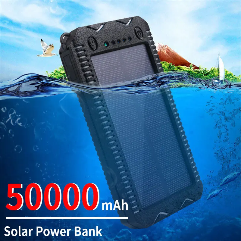 

Solar Power Bank Portable 50000mAh Charger 2USB Output Outdoor Travel SOS External battery With flashlight For iPhone Samsung