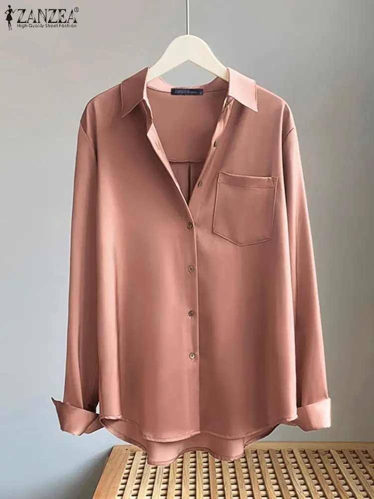 

2022 ZANZEA Autumn Long Sleeve Tops Tunic Caaual Solid Button Up Blusas Femininas OL Satin Blouse Women Elegant Shirts Blusas