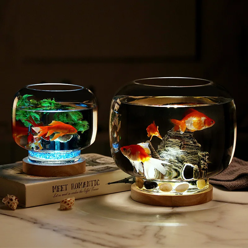 Creative thickened small round glass goldfish tank ecological tropical fighting fish light base small office table ornaments