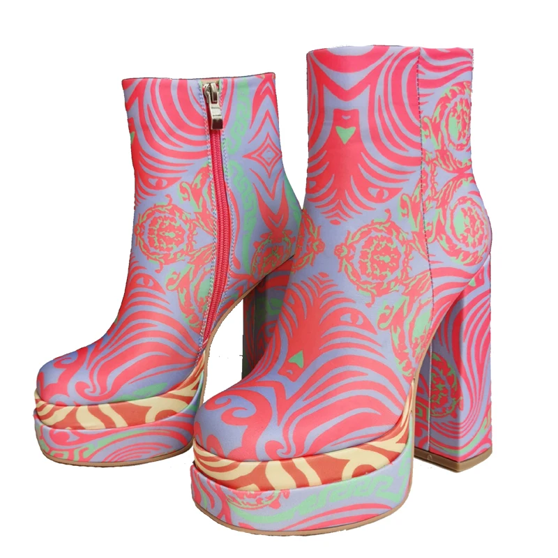 

2022 Autumn Brand Fashion Printing Women's Short Boots Thick High Heel Square Toe Zipper Platform Party Shoes Yellow Big Size 43