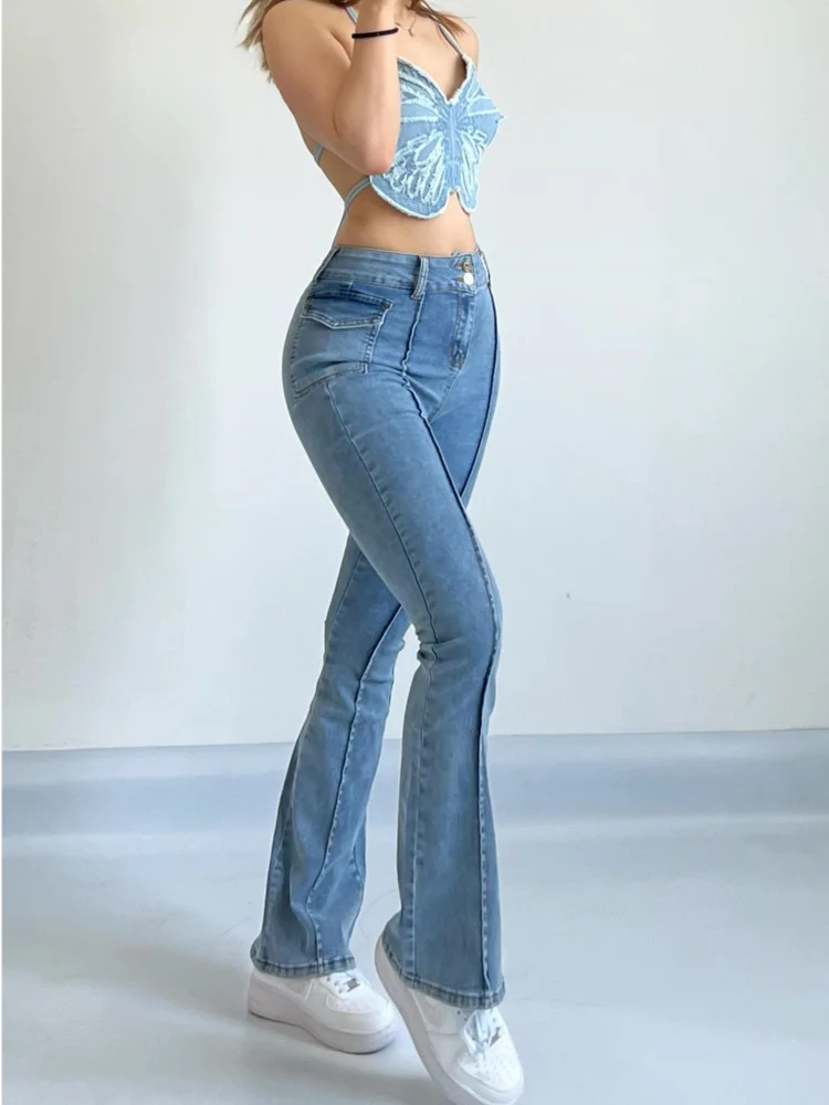 

Waist Sweet High Summer Retro Stretch Skinny Fashion Denim Flared Pants Solid Color High Street Thin Women's Clothing VPDY