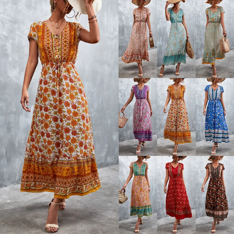 2022 Spring And Summer New Hot Sale Bohemian V-Neck Button Positioning Flower Print Dress