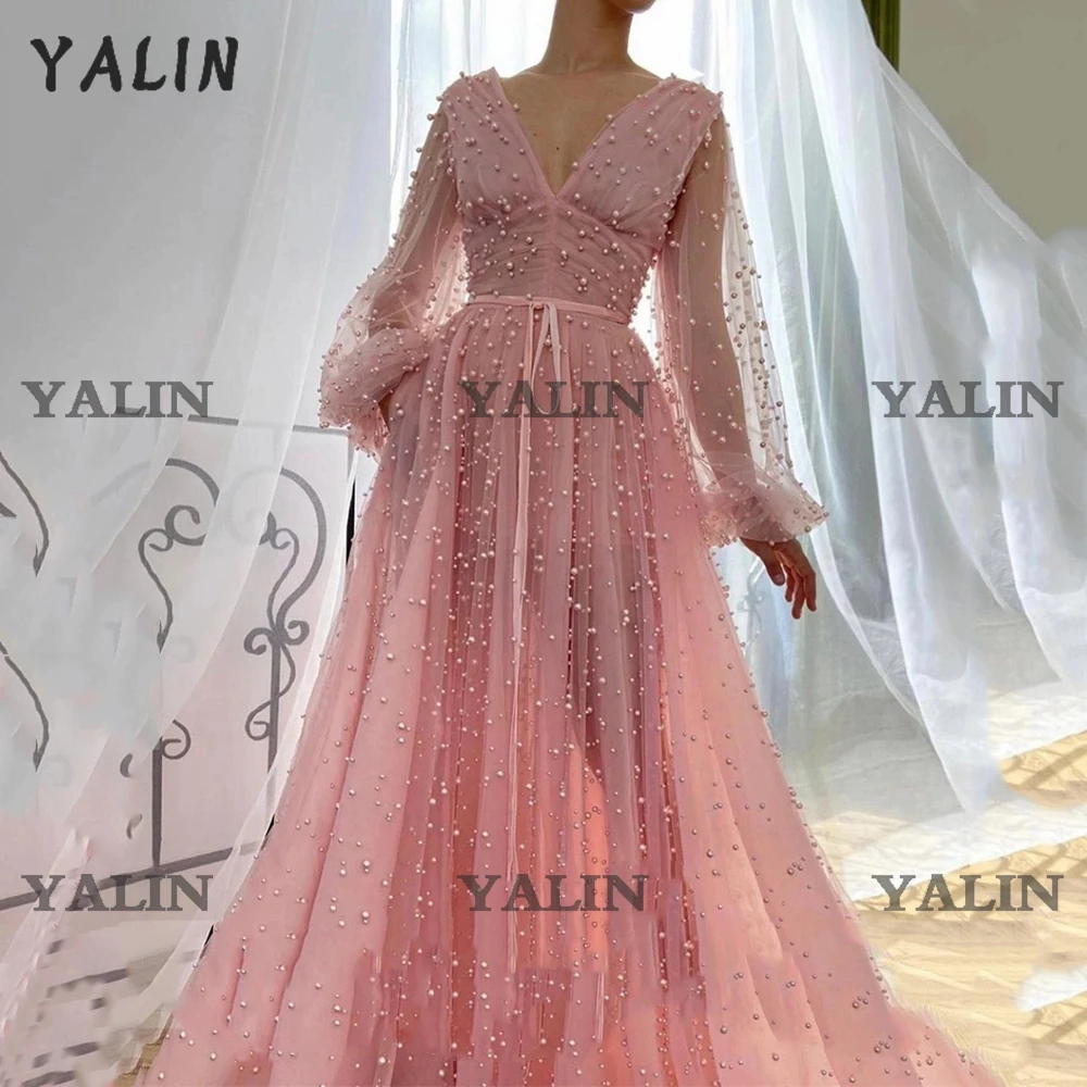 

YALIN Elegant Illusion Long Puff Sleeves Homecoming Dress Floor Length Pink Tulle Party Dress Pearls Backless A-Line Prom Gowns