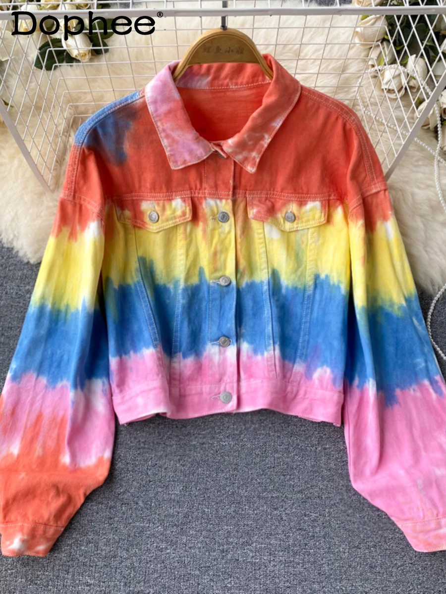 

Street Chic Color Matching Tie-Dye Long Sleeve Temperament Denim Shirt Coat 2022 Autumn New Loose Jeans Jacket Crop Tops Fashion