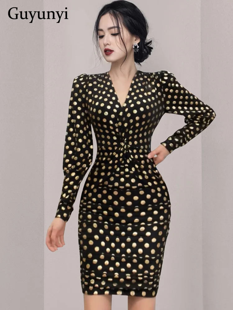 

Вечернее платье в Золотой горошек, весеннее пикантное мини-платье 2022, облегающее платье с V-образным вырезом, пышными рукавами, боковыми скл...