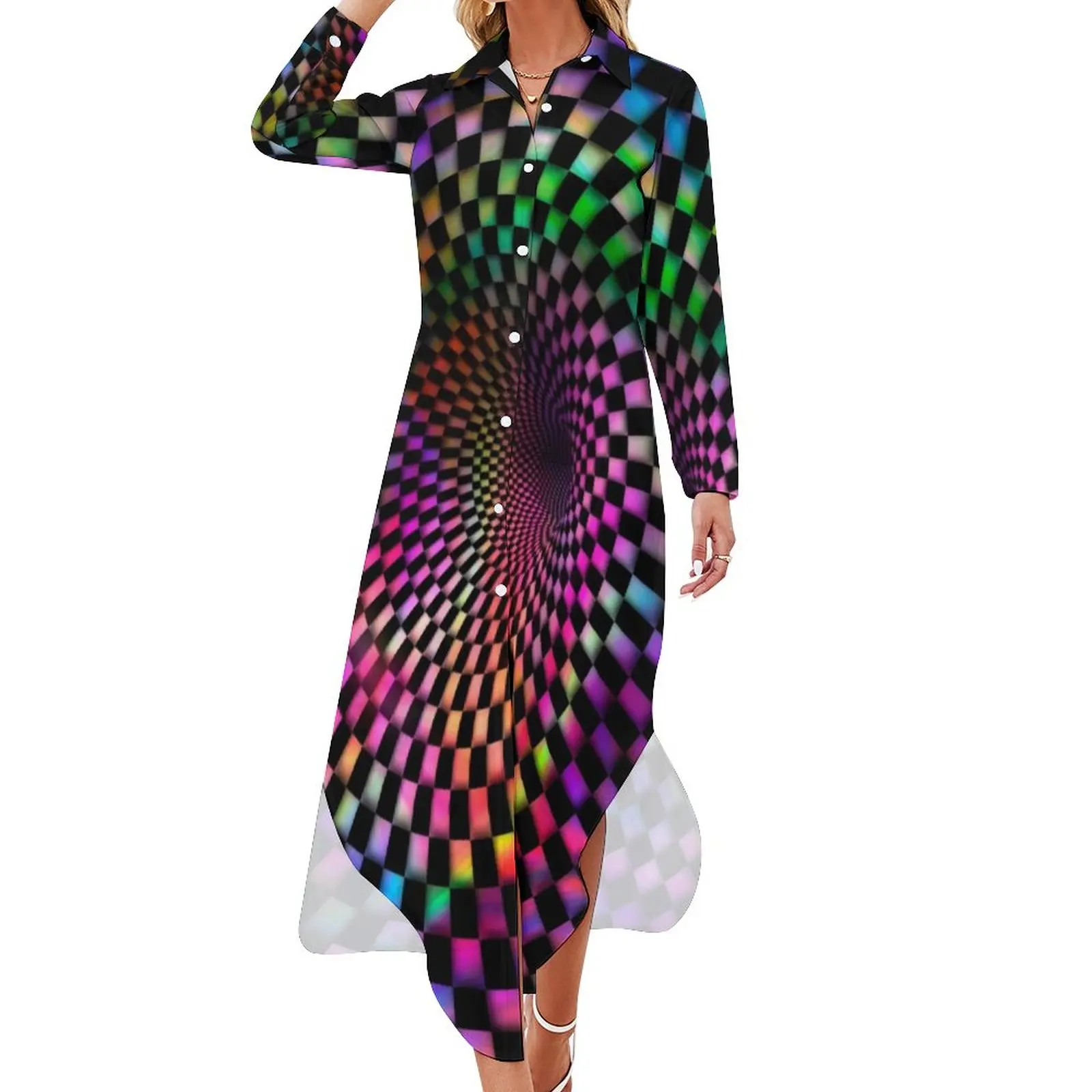 

3d Tie Dye Checkered Chiffon Dress Optical Illusion Print Elegant Dresses Long Sleeve Streetwear V Neck Big Size Casual Dress