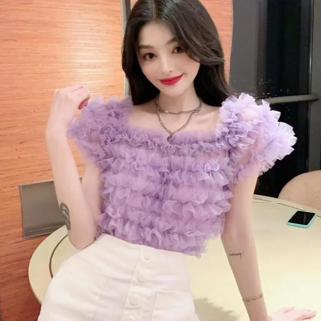 

Female Summer Purple Slash Neck Lace Shirts Off Shoulders Mesh Spliced 3D Flowers Pleated Blouses Crop Tops Blusas Mujer 2020