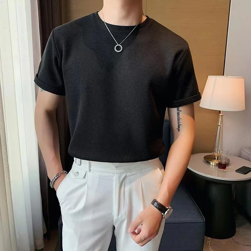 

Мужская приталенная рубашка, повседневный Однотонный пуловер с круглым вырезом и коротким рукавом, уличная мода, весна-лето 2022