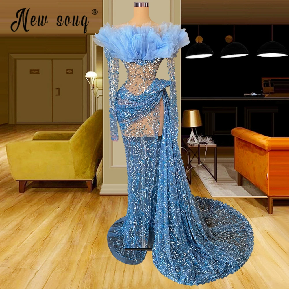 

Женское платье с длинным рукавом, голубое платье с открытыми плечами и разрезом сбоку, платье для выпускного вечера, платье знаменитости, 2022