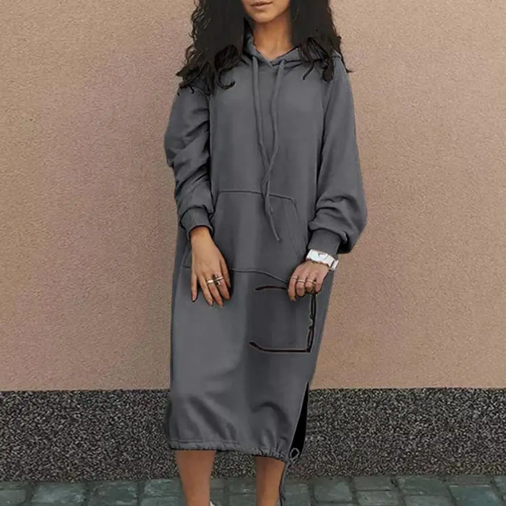 

Женское платье-свитшот, женское платье-толстовка с капюшоном, однотонное платье-свитшот с передним карманом и Боковым Разрезом, уличная одежда