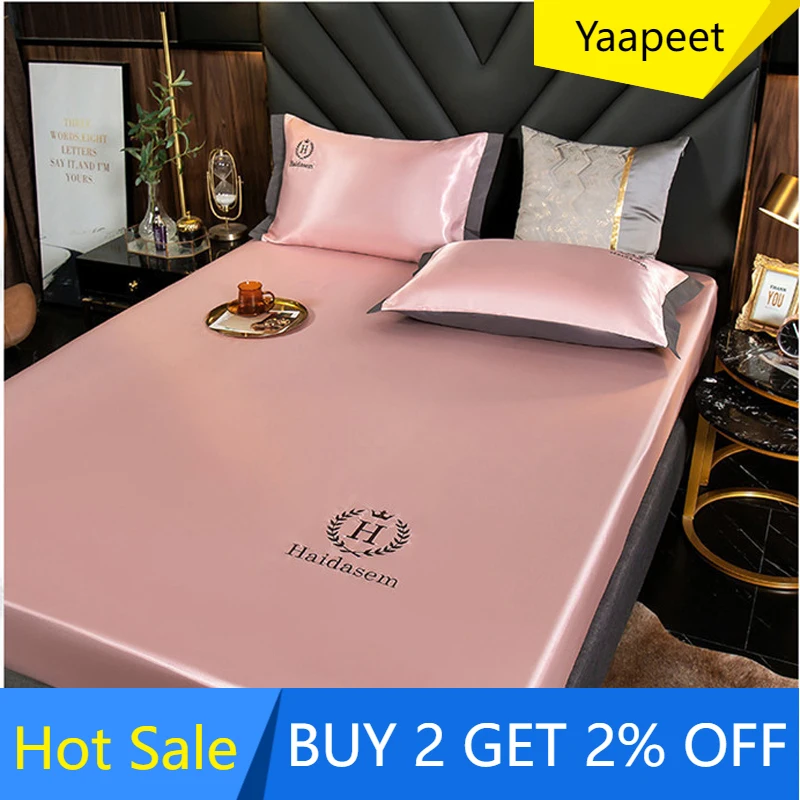 

Yaapeet Luxury satin silk elastic fitted sheet summer Double bedsheet Pink embroidery bedding mattress protector cover king size